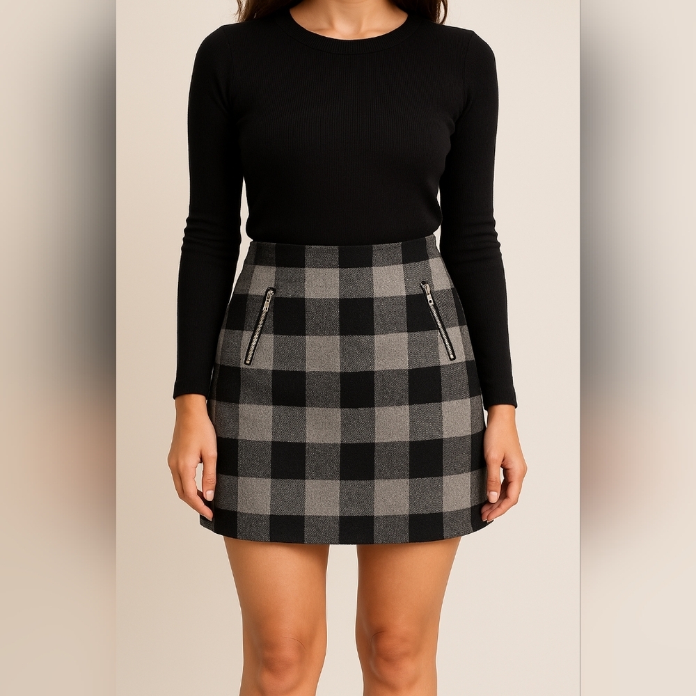 ANA Academia Plaid Black Gray M Preppy Fall Tweed Country Patchwork Wool Skirt
